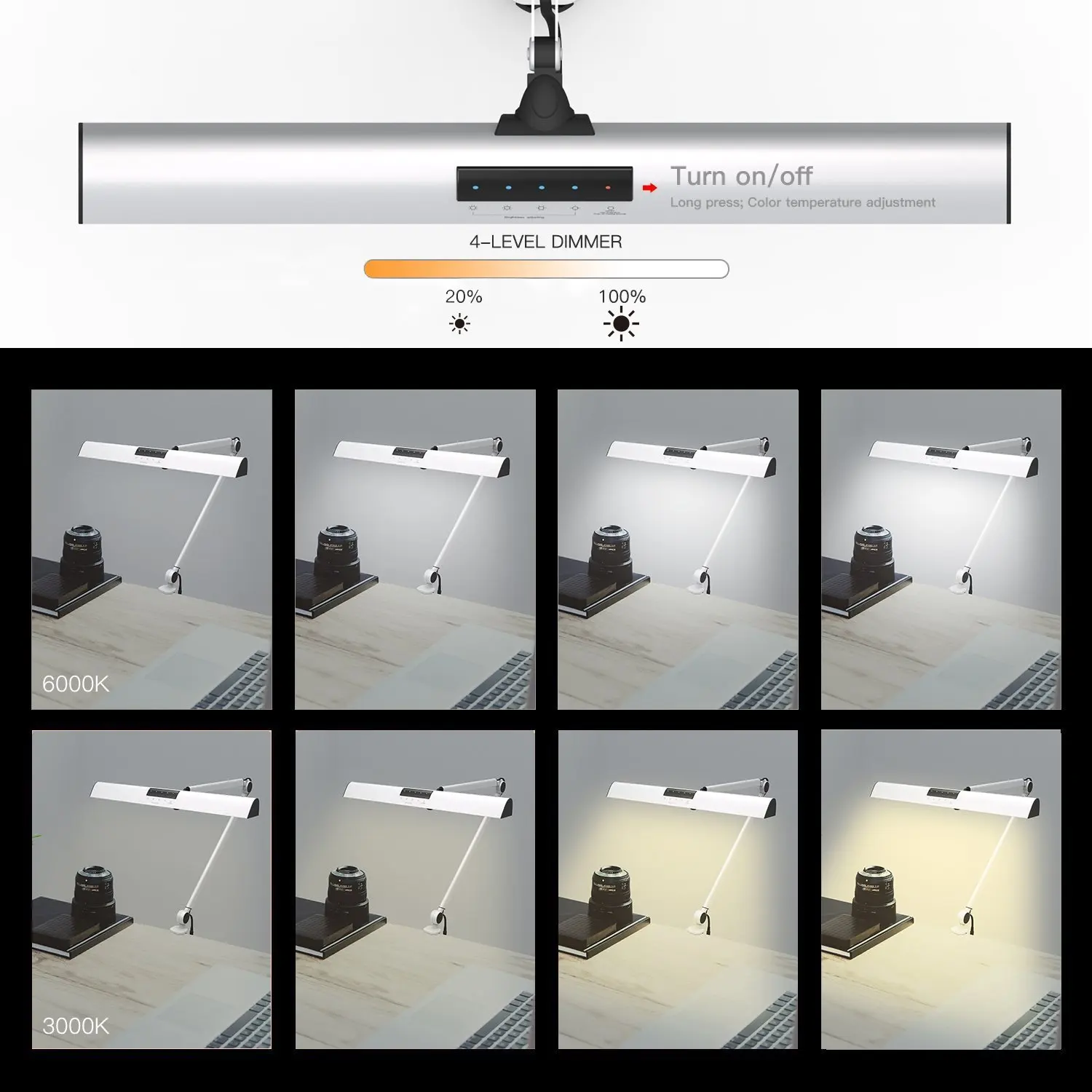 A509 LED Swing Arm Architect Desk Lamp Clamp, Touch Table Lamp for Reading Working Silver 2 Lighting Modes, 4-level Dimmable