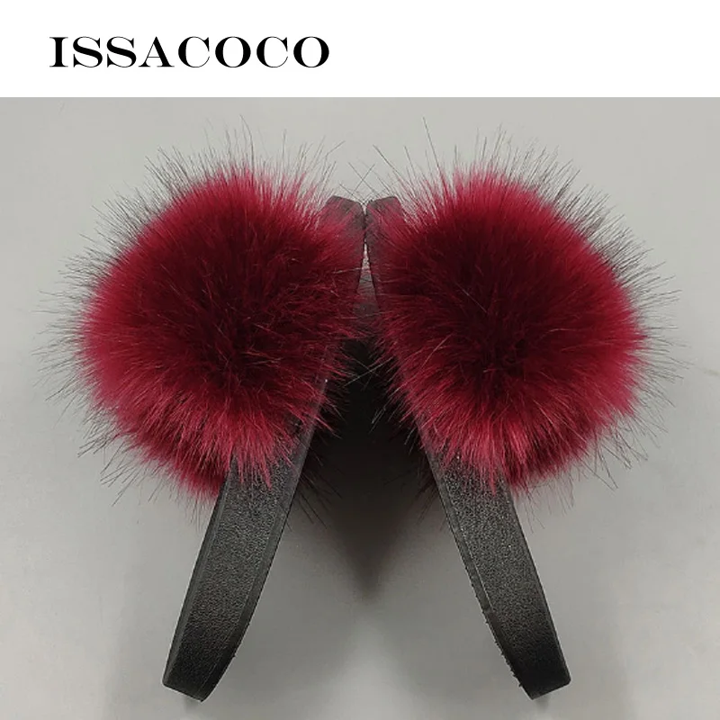 

ISSACOCO Women Real Fox Fur Slides Women Non-slip Fluffy Fur Slippers Women Furry Slippers Ladies Cute Plush Fox Hair Slippers