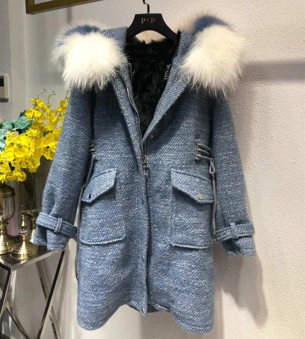 De Réel kaki Naturel Raton D'hiver Fourrure Laine Veste Bean Royal bleu Doublure Parka Femmes Laveur Capot Green D'agneau Manteau Grand Collier Avec jaune Tweed jAL3q54RcS