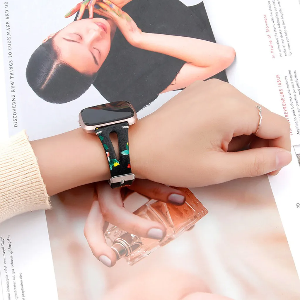 Умные часы Smartband с цветочным принтом, кожаный ремешок для наручных часов+ пленка для часов Fitbit versa Lite, умные часы, ремешки для часов
