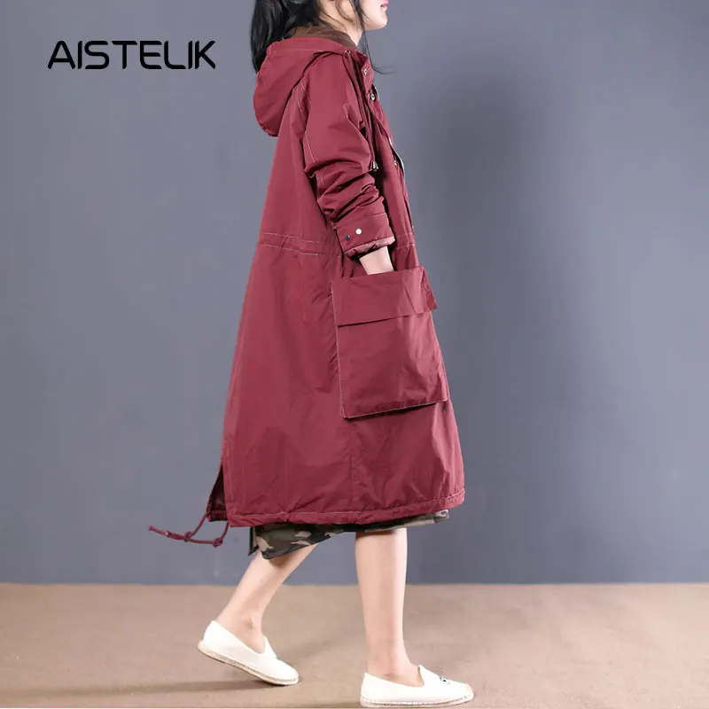 Autumn clothing female 2018 new Korean version of the loose large size cloth literary double pocket hooded windbreaker jacket. Coats