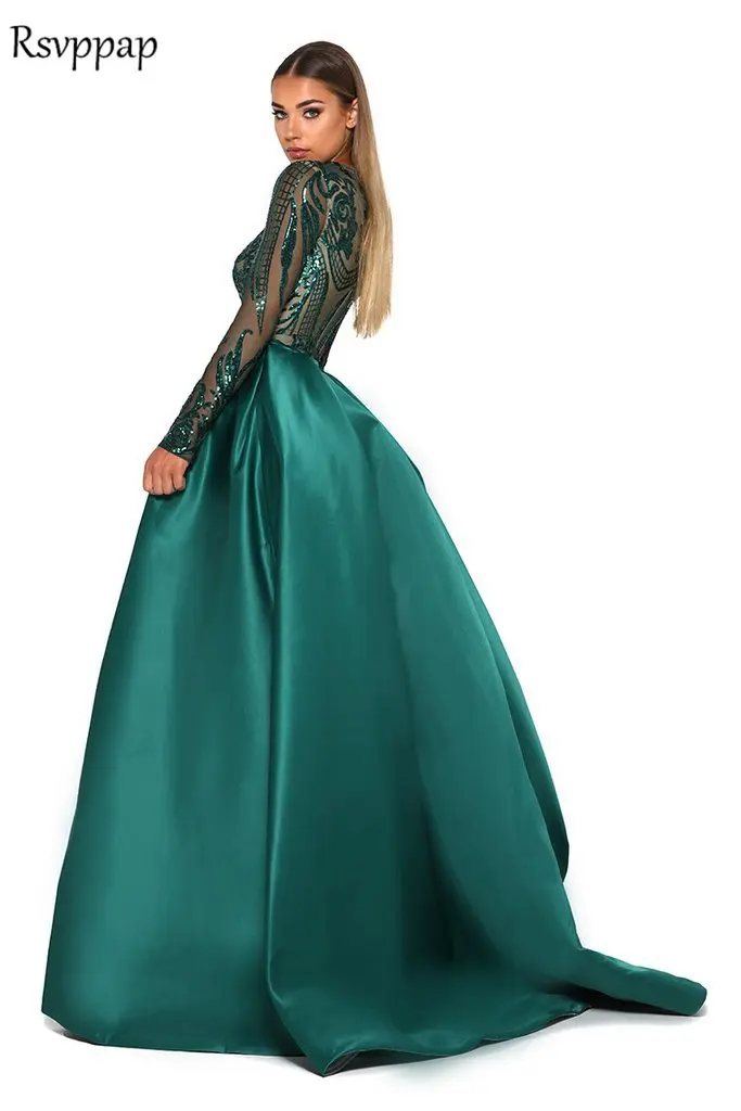 Emerald Green Women's Formal Evening Gown - Long Sleeve Lace Mermaid Style with Detachable Train image 3