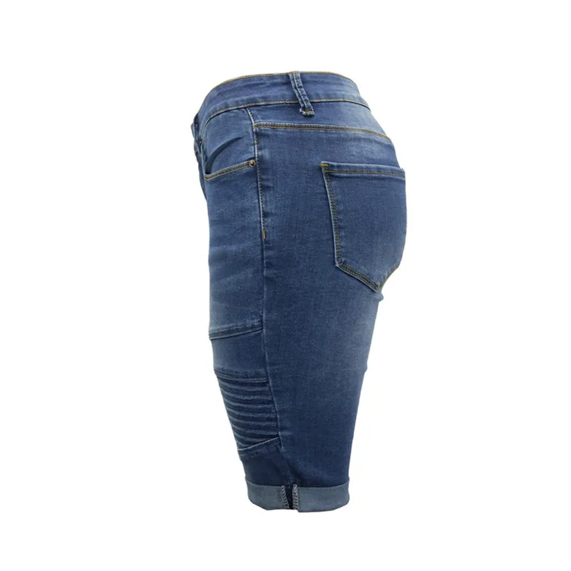 Women Mid Rise Elastic Denim Shorts Women Zip Skinny Denim Knee Length Curvy Stretch Shorts Jeans Skirt Shorts Pantalones 40MR1505
