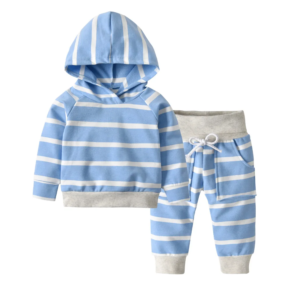 

2Pcs Toddler Kids Baby Boys Girls Clothes Blue Strip Long Sleeve Hooded Tops+Casual Pants Infant Clothing Set Autumn Outfits