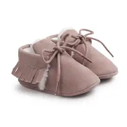 Детские модные однотонные Обувь для девочек кисточкой осень-зима матовый PU мягкий теплый Кружево до маленьких Обувь