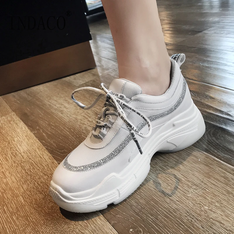 

2019 Leather White Bling Sneakers Women Platform Casual Shoes Women Comfortable 5.5cm