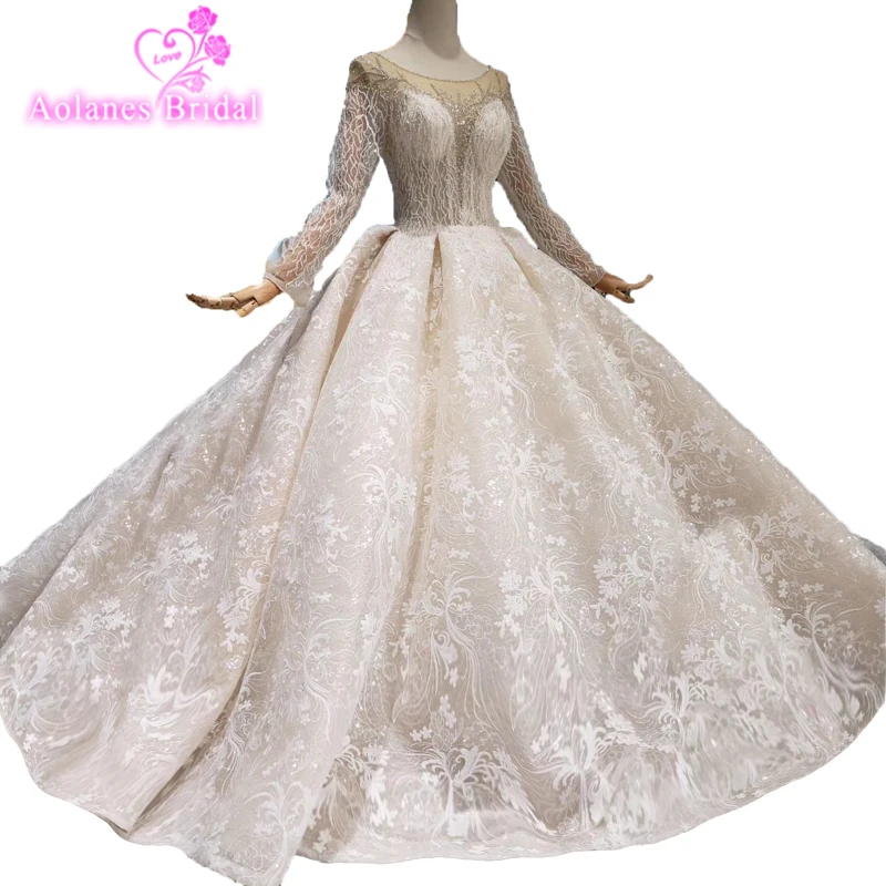 Saudi Arabia Luxury Wedding Dresses Nude Neck Long Sleeves Crystals Beads Sexy Dress 2019 Robe De Supper Bridal Gown | Свадьбы и