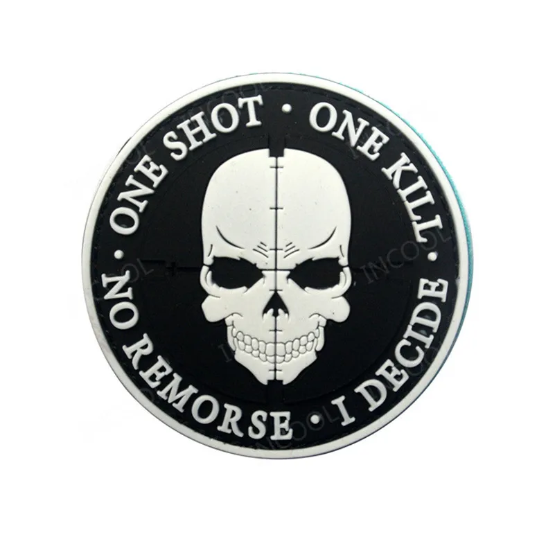 

3D PVC Sniper One Shot One Kill Patch Tactical Military Morale Decorative Patches Combat Appliques Rubber Skull Badges Hook Back