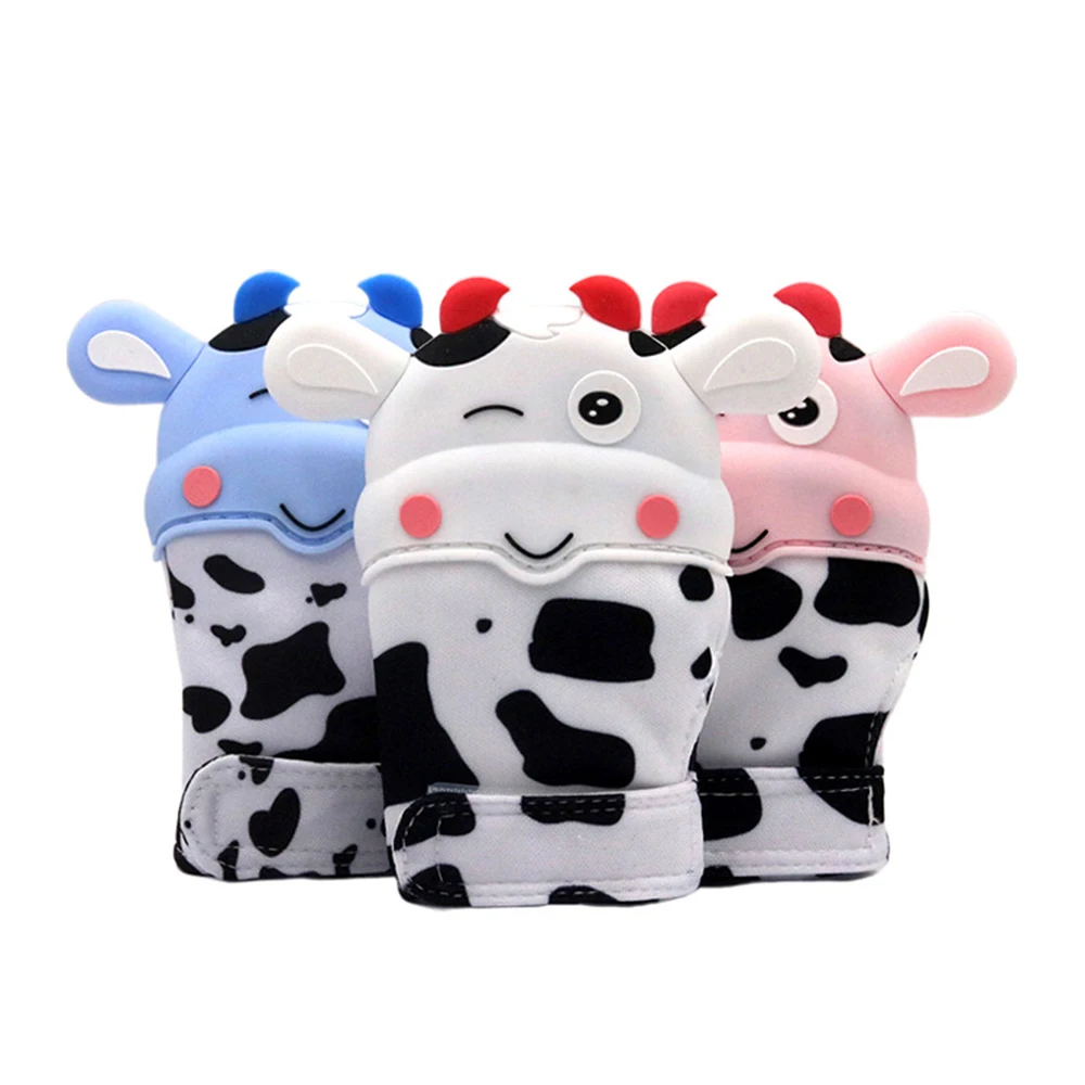 

Bpa free Silicone Teether Mitts Cow Shape Baby Molars Gloves Teethers Toy Newborn Chewable Teething Sound Toys products