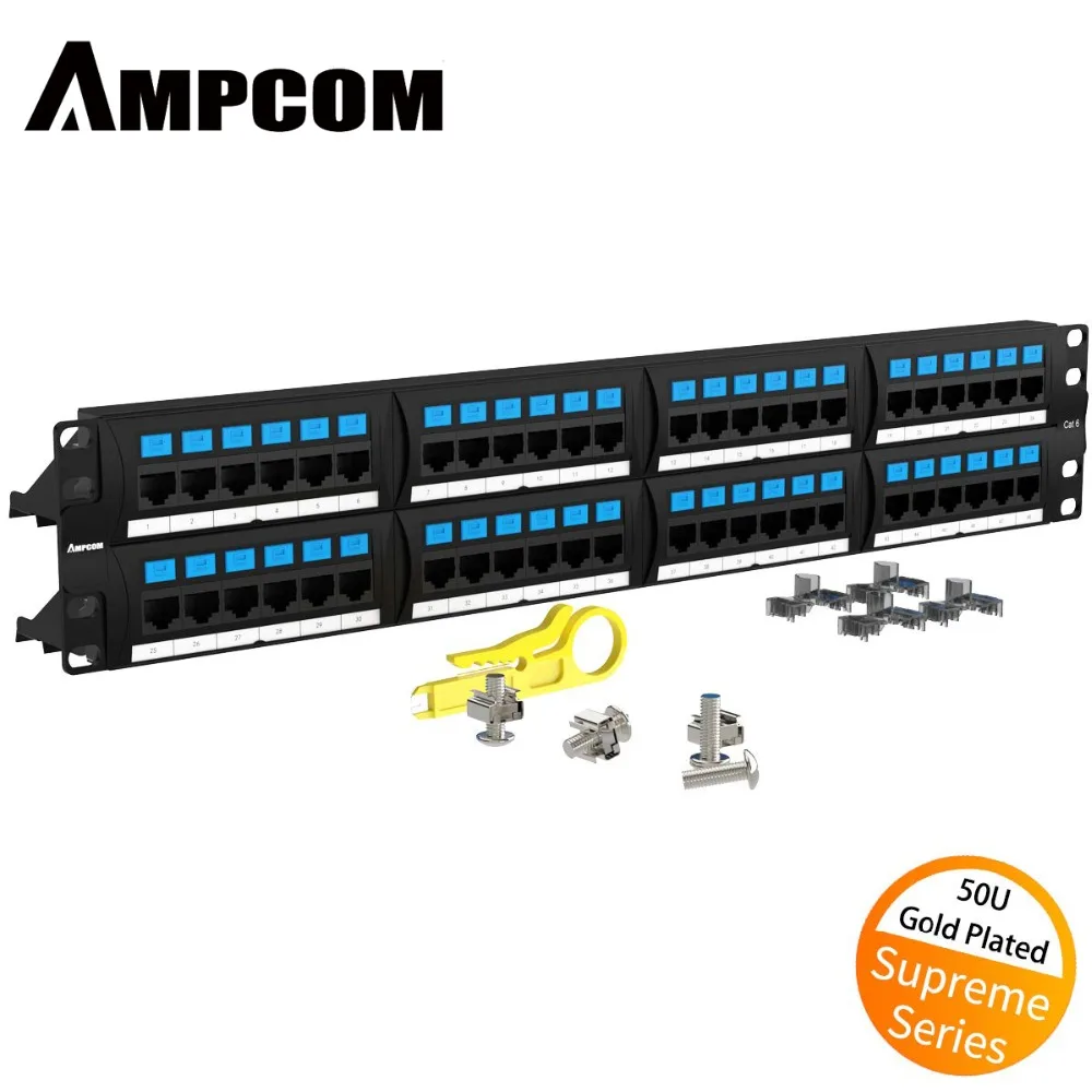 AMPCOM Supreme Series CAT 6 Патч-панель 50U позолоченная 2U 48-портовая Rackmount или Wallmount Punch Down Patch