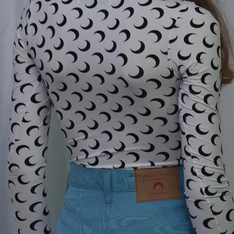 Женская футболка WannaThis с длинным рукавом, облегающий укороченный топ с рисунком Луны, Повседневная тонкая футболка с милым рисунком, топы на лето и весну