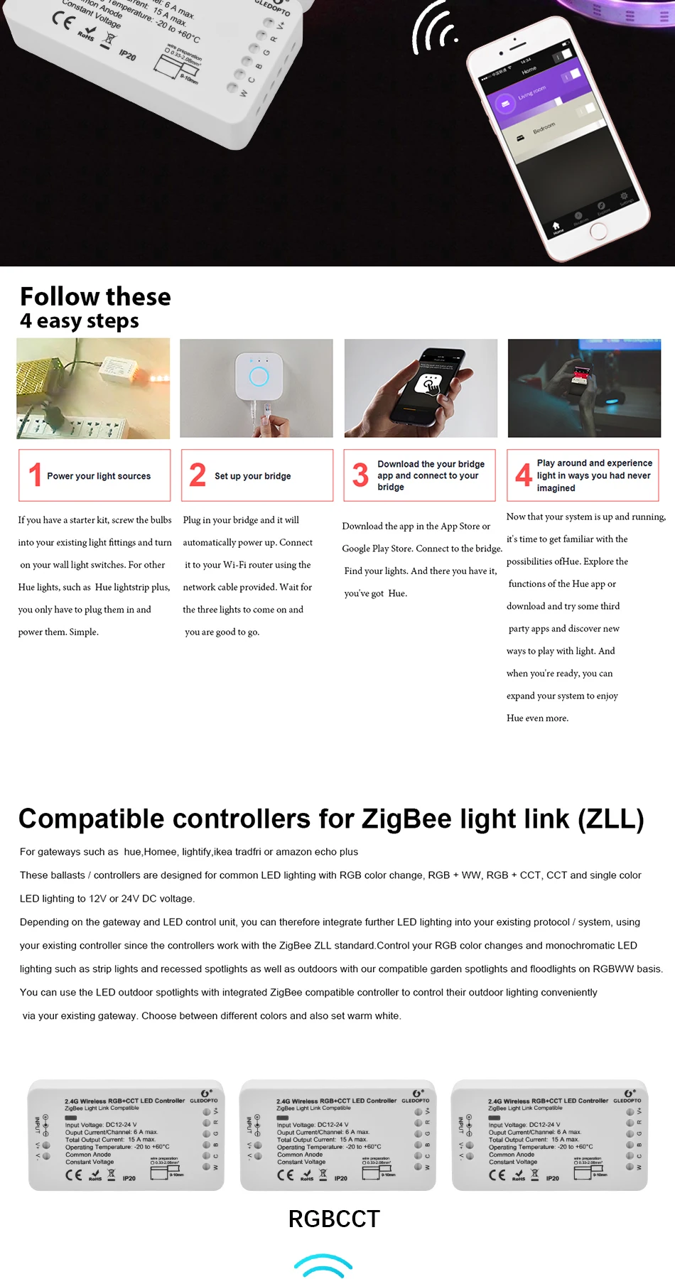 G светодиодный OPTO ZIGBEE светодиодный контроллер RGB+ CCT WW/CW zigbee контроллер светодиодный DC12-24V светодиодный контроллер zll app контроллер RGBW rgb