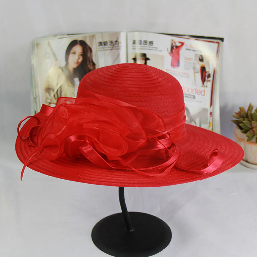 FS лето большой цветок Кентукки шляпа котелок церковные платья для женщин Складная органза шляпа Дамы Большие широкие поля пляжная кепка - Color: Red Organza Hat