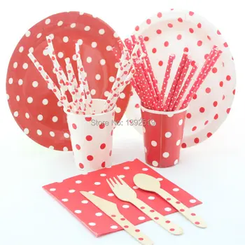 

Free Shipping 300sets/2100pcs Party Tableware Set , Polka Dot 6 Colors Straws Plates Cups Napkins Party Decoration