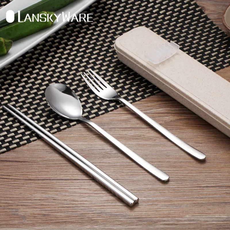 

LANSKYWARE Portable 304 Stainless Steel Tableware Set With Buckle Box Travel Picnic Dinnerware Set Kid School Dinner Cutlery Set