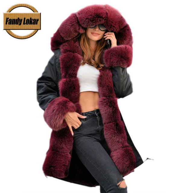 Cheap FL Brand Real Rex Rabbit Fur American Army Parkas with Thick Saga Fox Fur Collar Long Women Military Coat Hooded Wadded Jacket