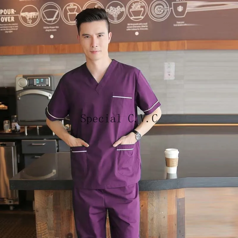 Men's Scrubs Set Pure Cotton Doctor Uniforms Classic V-neck Short Sleeve Shirt with Side Vent + Elastic Waistline Pants