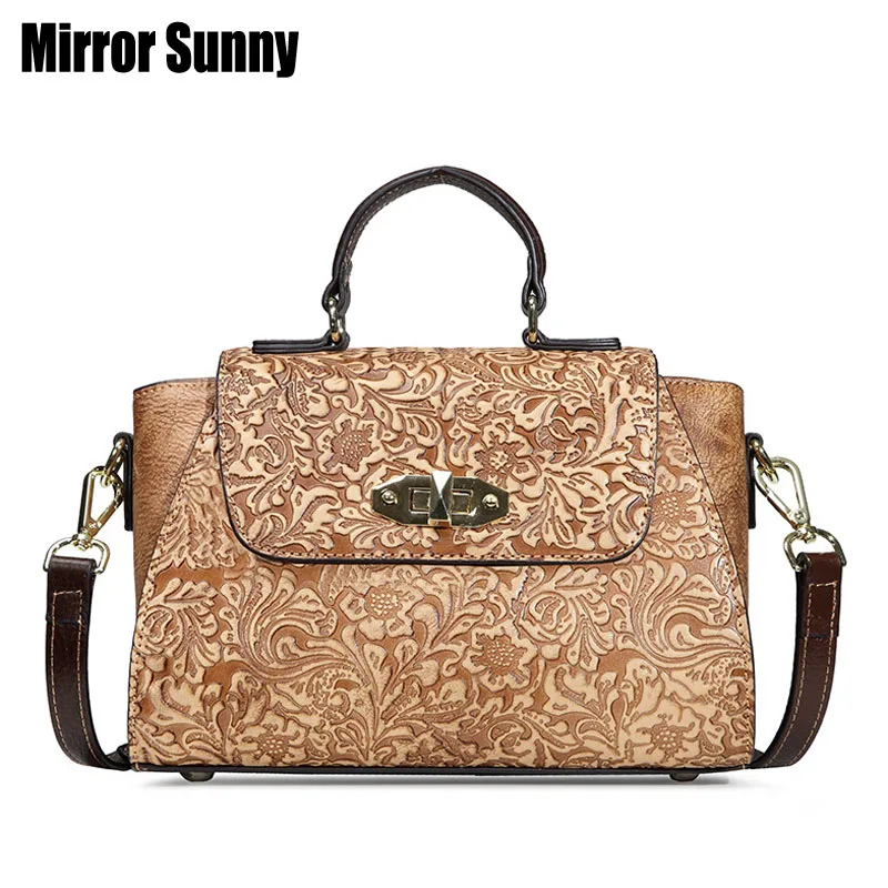 

Retro Embossed Bucket Bag For Women Genuine Leather Floral Female Flap Handbags Casual Ladies' Shoulder Crossbody Bag Top Handle