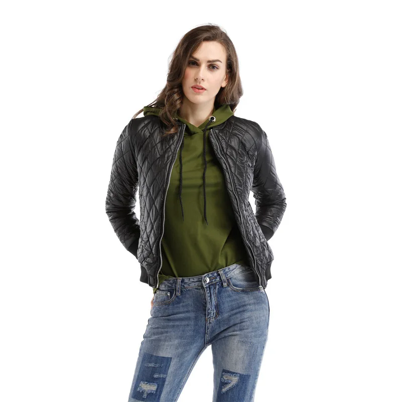 

2019 Spring New Arrival Bomber Jacket Women Europe Style Fashion Light Warm None Collar Long Sleeve Jacket Short Section