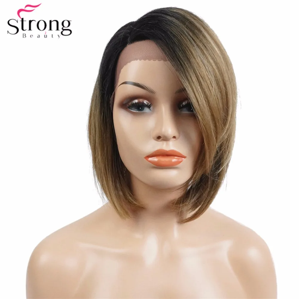 Женский синтетический парик StrongBeauty на сетке спереди темные корни Омбре короткая