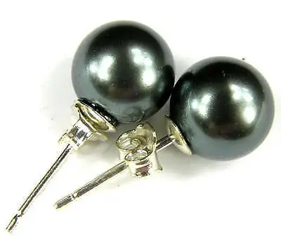 

FREE SHIPPING 12mm Black south sea shell pearl silver Stud earrings AA A0422
