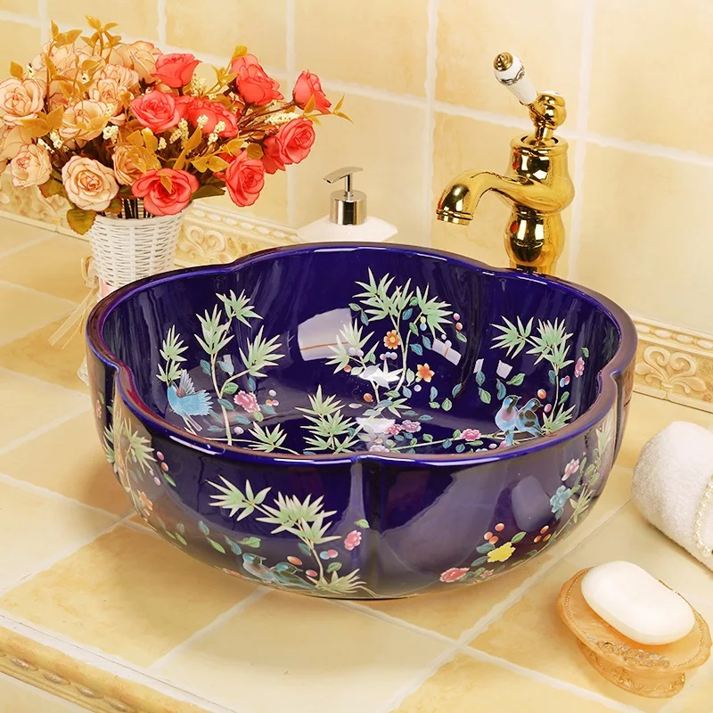 Flower and bird Art Basin Sinks Ceramic Counter Top Wash Basin Bathroom Vessel Sinks vanities new ceramic wash basin blue