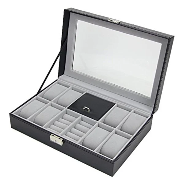 11-сетки Искусственная кожа часы показ хранилища ювелирных украшений черный ящик