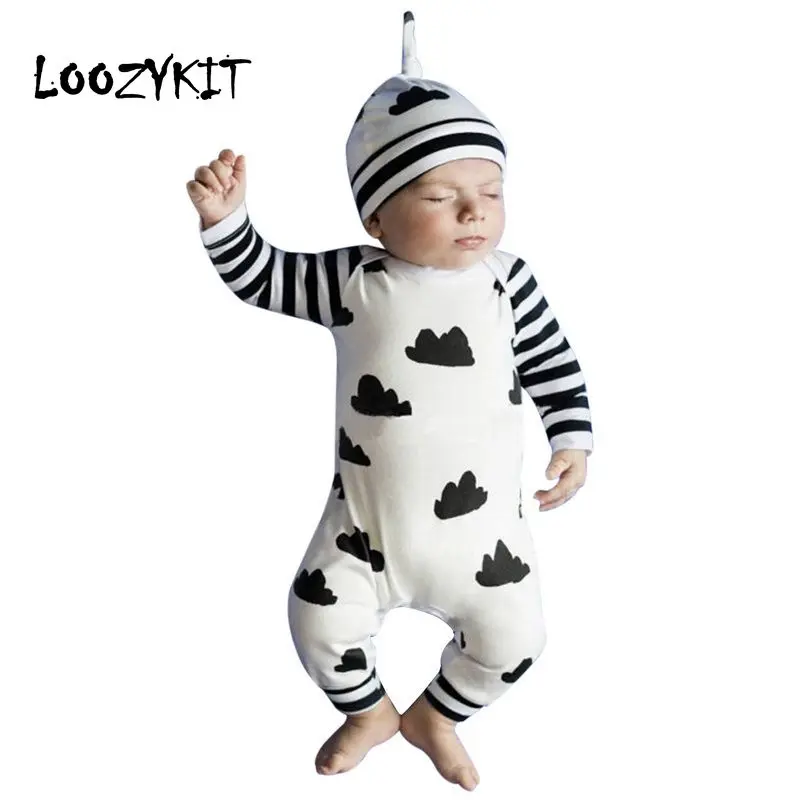 Loozykit الخريف طفل رضيع فتاة السروال القصير طويلة الأكمام الكرتون الغيوم الرضع بذلة + قبعة 2 قطع عارضة الزي الوليد الطفل الملابس