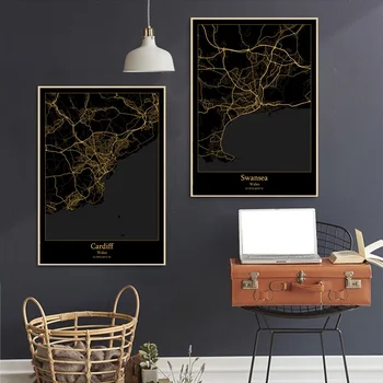 

Cardiff Swansea Wales City Map Black and Gold Map Canvas Art Print Wall Pictures for Living Room No Frame