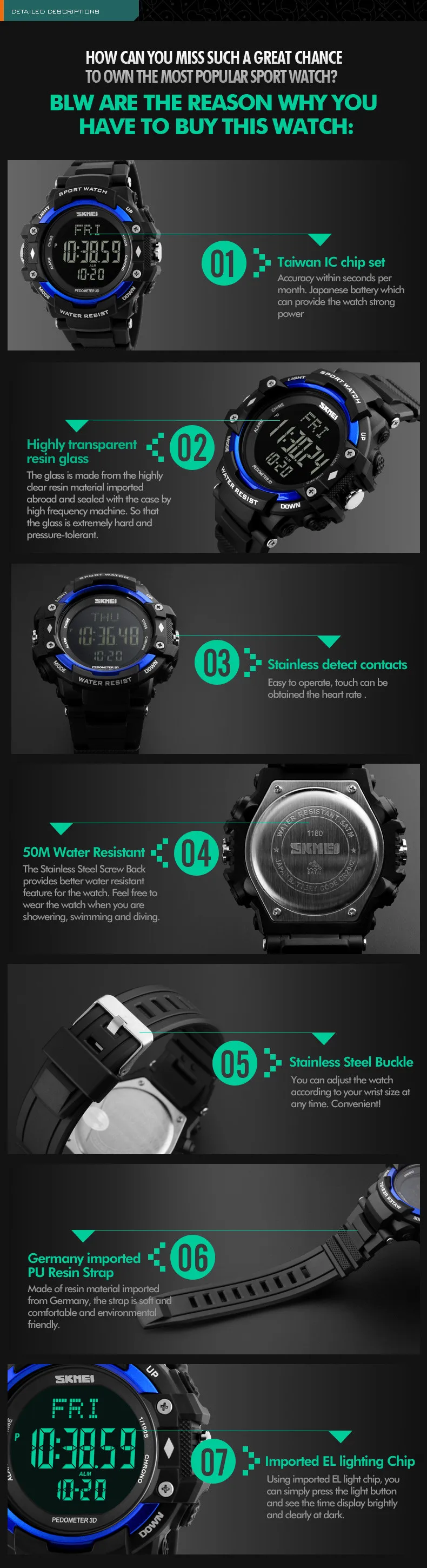 SKMEI мужские спортивные часы 3D шагомер Пульсометр Счетчик калорий 50 м водонепроницаемый цифровой светодиодный мужские наручные часы