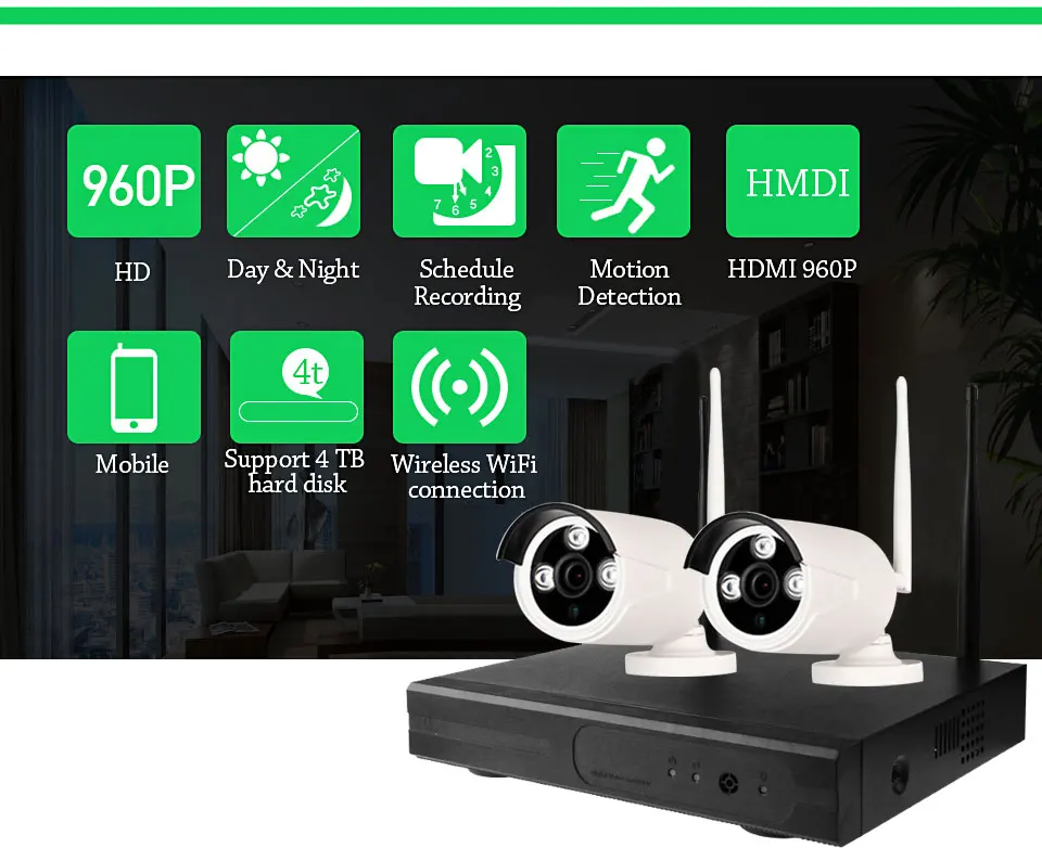 4CH wifi CCTV система Беспроводной NVR комплект 2 шт 960P HD IP камера 1.3MP наружная Водонепроницаемая домашняя система видеонаблюдения