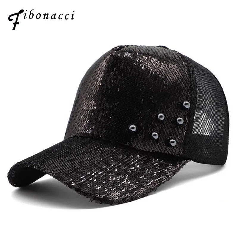 

Fibonacci 2019 New Summer Sequins Mesh Baseball Caps for Women Melanin Fashion Pearl Female Snapback Cap