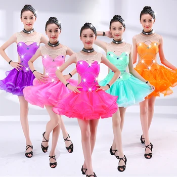 

2019 New Pink Green Orange Purple Red Salsa Latin Dance Dress for Girls Latin Dance Competition Dresses Dance Latin Dress Girl