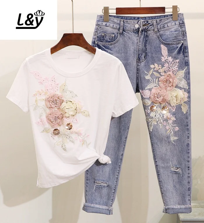 

L&Y Heavy Embroidery Floral Applique Tshirt + Jeans Women Sets Short Sleeve Fashion Denim Suits Summer 2 Piece Sets Vestidos