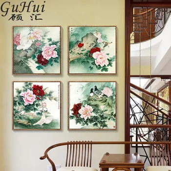 

Traditional Chinese Peony Flower And Bird Canvas Painting Living Room Decoration Modern Sofa Background Wall Painting Art Poster