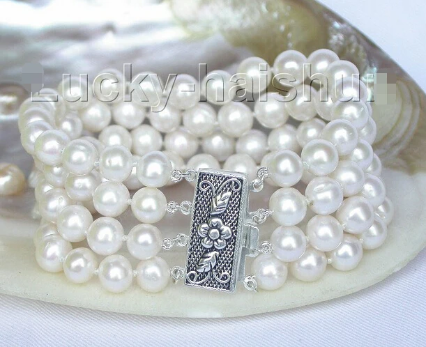 

fast shipping>Genuine 8" 4row 9mm round white pearls bracelet 925 silver clasp j7912