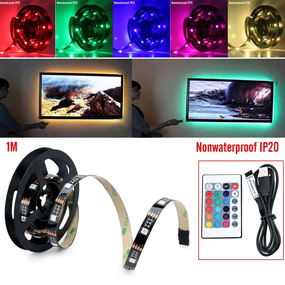 High Quality USB Cable 5V RGB Led Strip Light SMD5050 1m/2m TV Background light+24key Remote Controller IP20/IP65