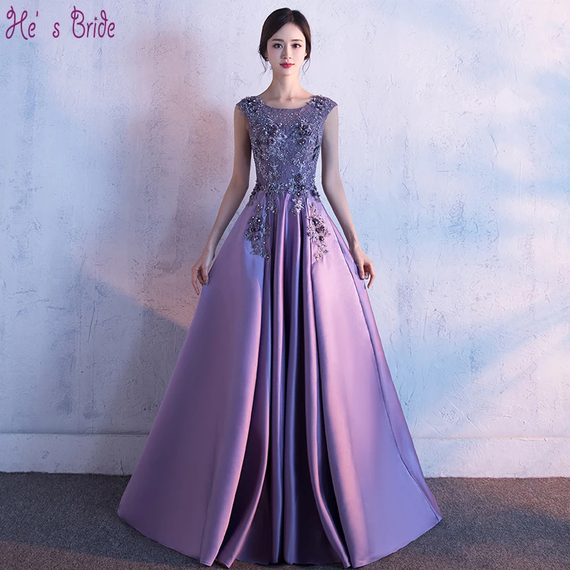 

He's Bride New Luxury Purple Satin Lace Evening Dress The Bride Banquet Elegant Appliques Prom Formal Dress Robe De Soiree