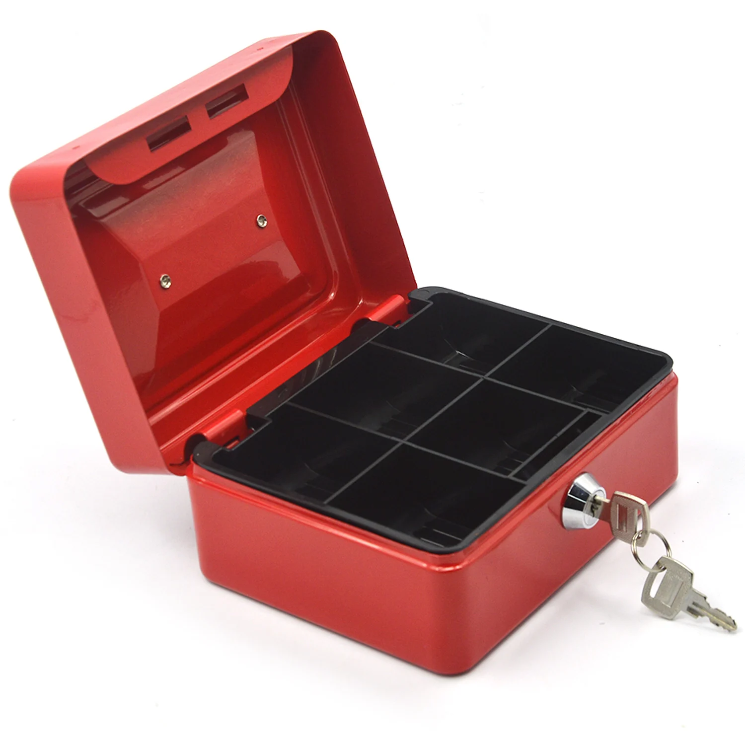 

Behogar 6 inch Metal Lockable Cash Coin Money Storage Safe Security Box Holder Suitcase with Lock Key 6 Compartment Tray Red