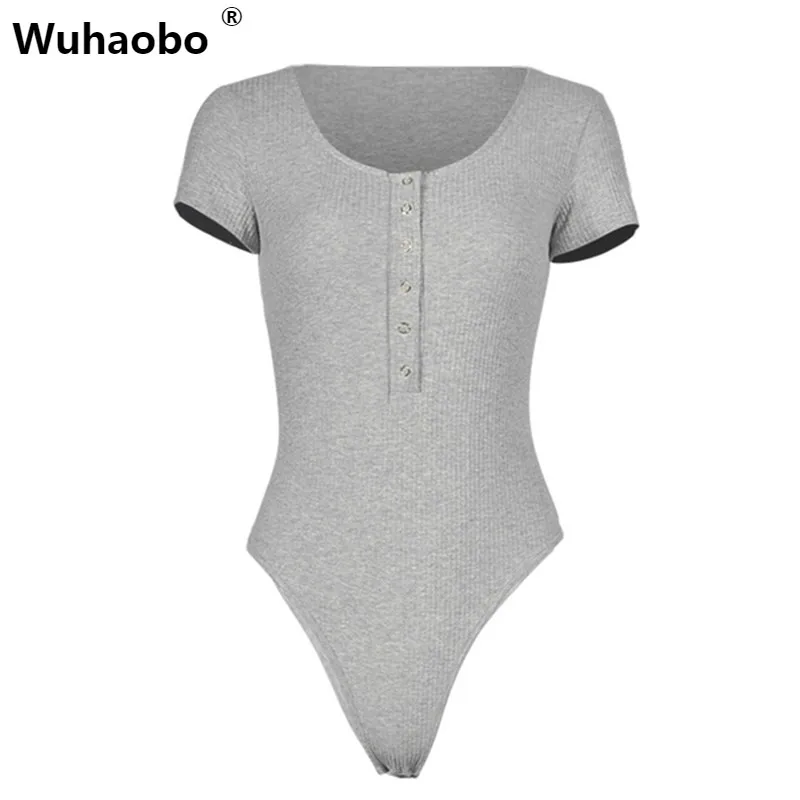 

Wuhaobo Front Button Sexy Bodysuits Women Deep V Neck Rompers Knitted Overalls Female Jumpsutis Shorts Sleeve Playsuits 2019