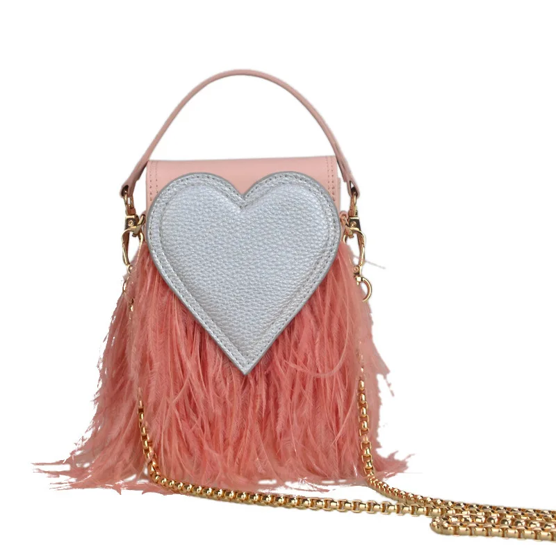

The new Korean version of women's one-shoulder bag, love ostrich feather lady chain bag, handbag, slanting lady bag