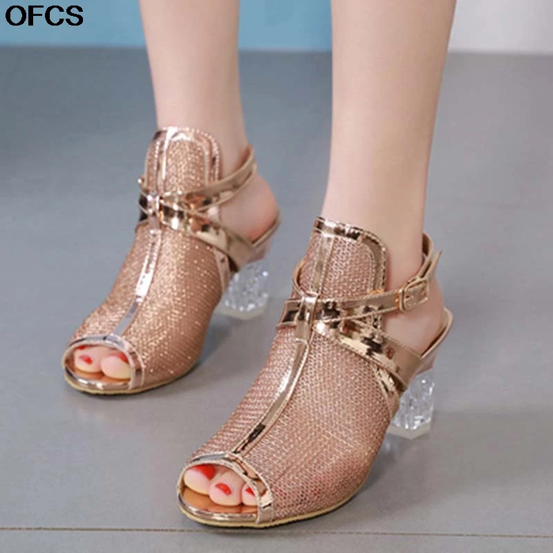 

Golden Bling Gladiator Sandals Peep Toe Buckle Strap Shoes Clear Chunky Transparent heels Pumps Sandals Women Sandals