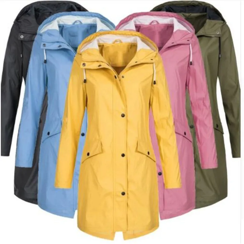 Women's Solid Rain Jacket Outdoor Hoodie Waterproof Long Coat Overcoat
