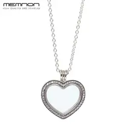 Мемнона S925 сверкающими плавающей сердце медальон ожерелья для женщин 925 серебро звено цепи ожерелье с подвеской сердце