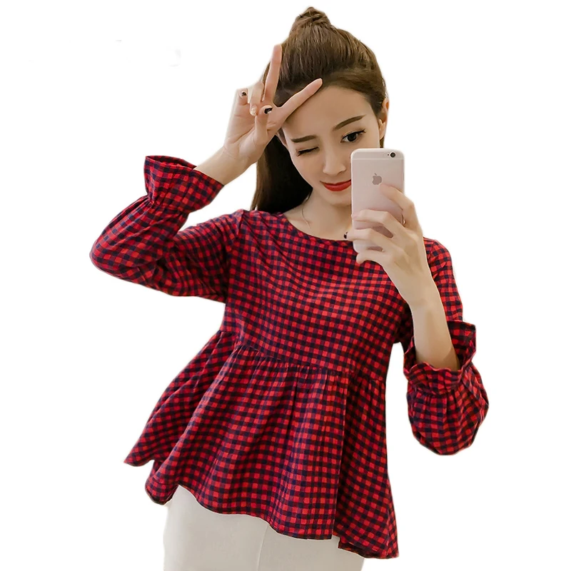 

2018 Fashion Asymmetrical Peplum Top Women Flare Sleeve Plaid Shirt Women Vintage O-neck Plus Size Cotton Blouse Femme E0479