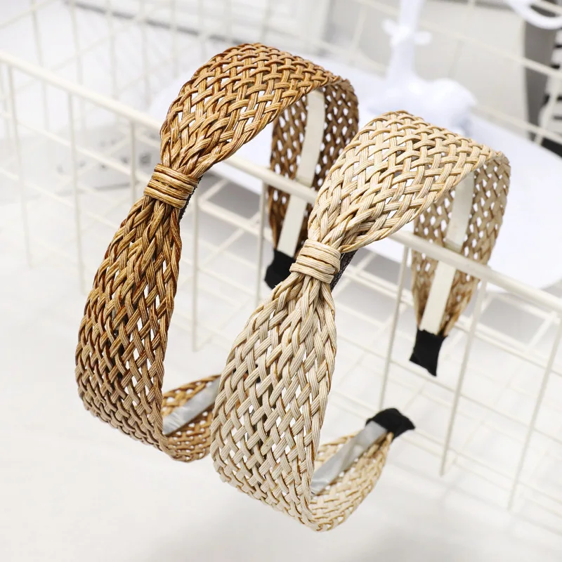 

2019 New Women Hairbands Natural Raffia Straw Handmade Bow Knot Headband Knotted Wide Headwear Vacation Style Hair Band