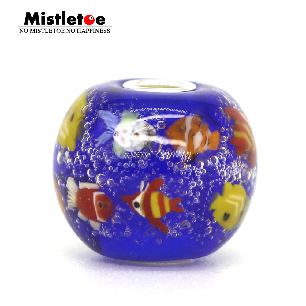 

925 Sterling Silver Animals Fish Dark Blue Ocean Fish Murano Glass Charm Bead Fit European Bracelet Women Jewelery