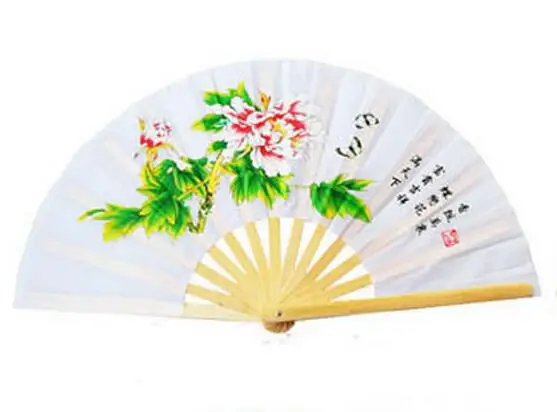 Высококачественный бамбуковый вентилятор тай-чи с сумкой, двухсторонний Китайский кунг-фу вентилятор для выступлений, красный/Золотой, поклонники боевых искусств, восемь диаграмм - Цвет: 10 White Peony Fan