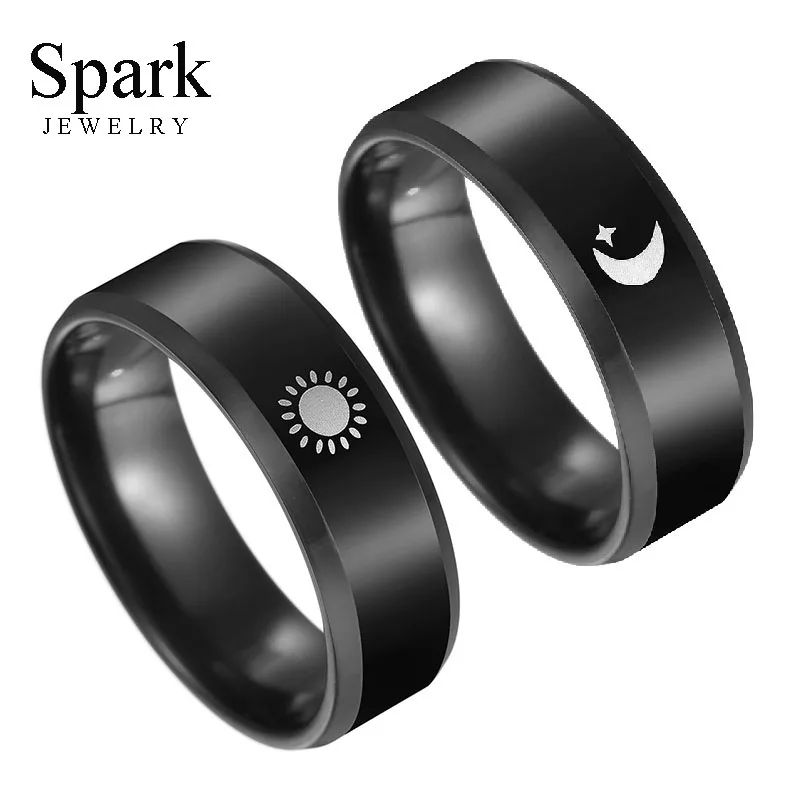 Fashion 8mm Titanium Steel Moon And Sun Promise Ring Wedding Band For Women/Men Black Couple Rings Wedding Jewelry