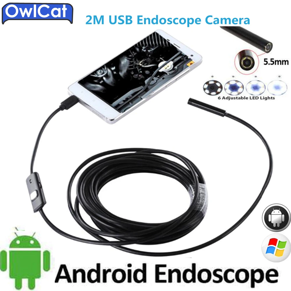 Owlcat OTG USB Змея эндоскопа Камера Водонепроницаемый IP67 трубой 2 м USB endoskop HD 720 P мини Cam 5.5 мм объектив Android